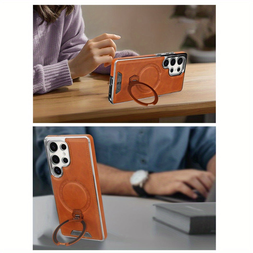 Samsung Galaxy S26 Ultra Leather Case – 360° Rotating Metal Stand Cover