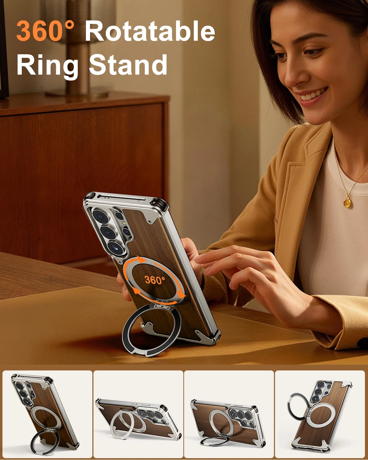 Samsung Galaxy S26 Ultra MagSafe Wood Case – 360° Ring Stand Cover