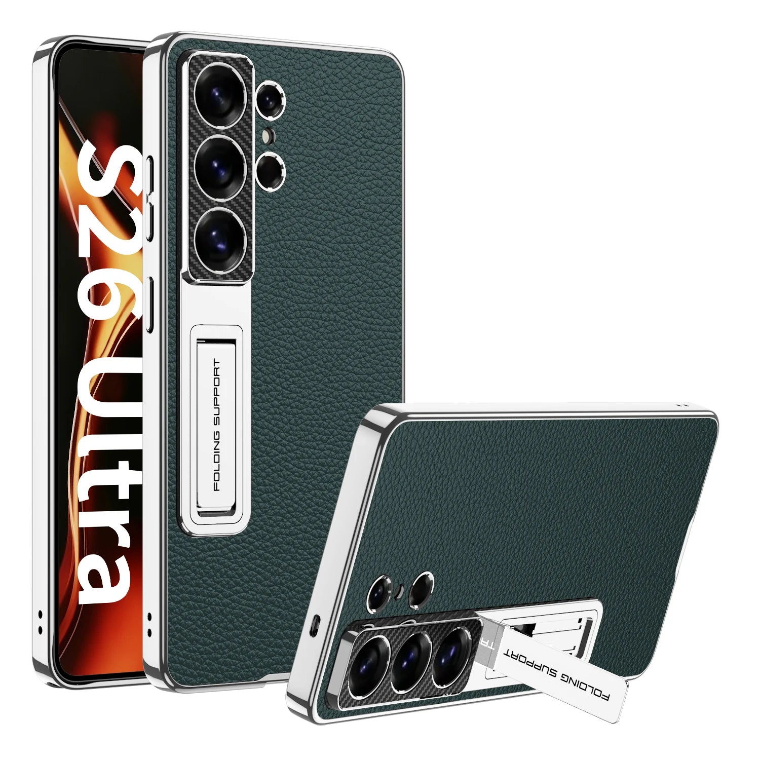 Samsung Galaxy S26 Ultra Ultra Thin Leather Case – Gold Border Folding Stand - Odin case