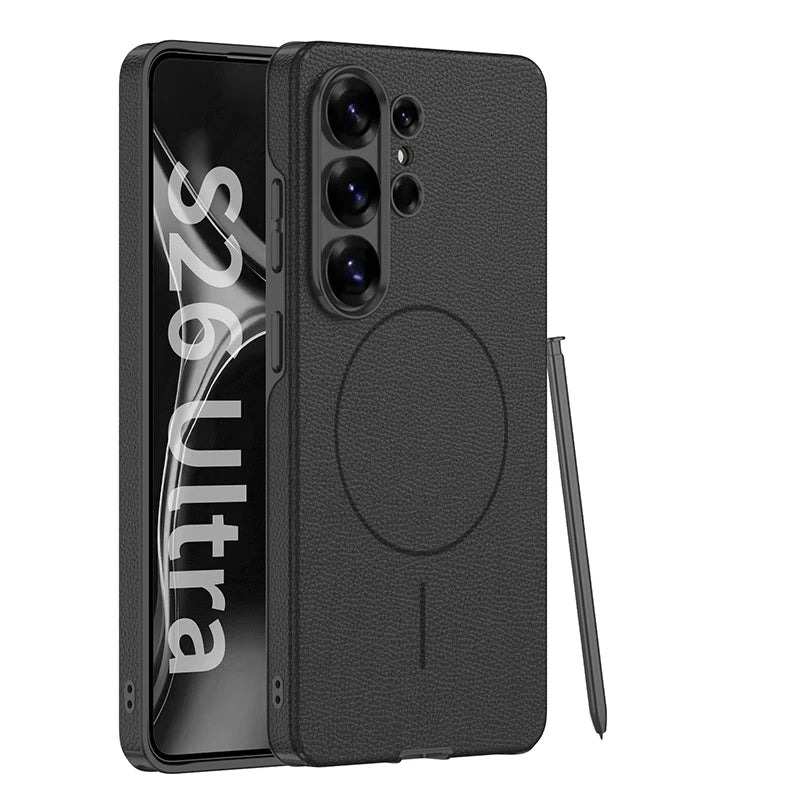 Samsung Galaxy S26 Ultra MagSafe Leather Case – Plated Lens Frame Cover
