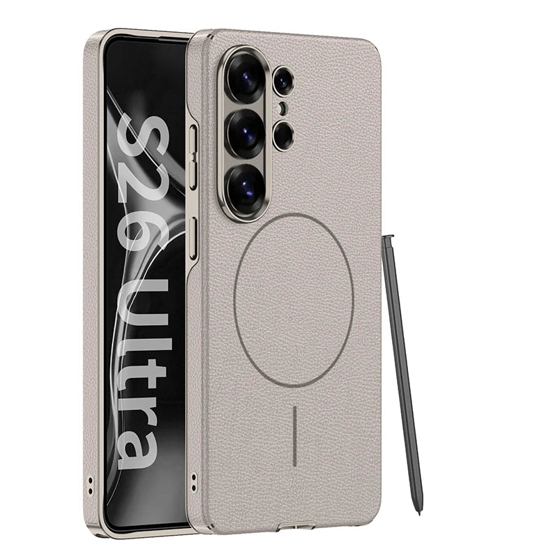 Samsung Galaxy S26 Ultra MagSafe Leather Case – Plated Lens Frame Cover