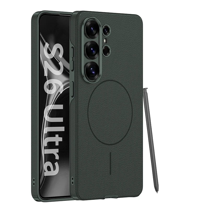 Samsung Galaxy S26 Ultra MagSafe Leather Case – Plated Lens Frame Cover