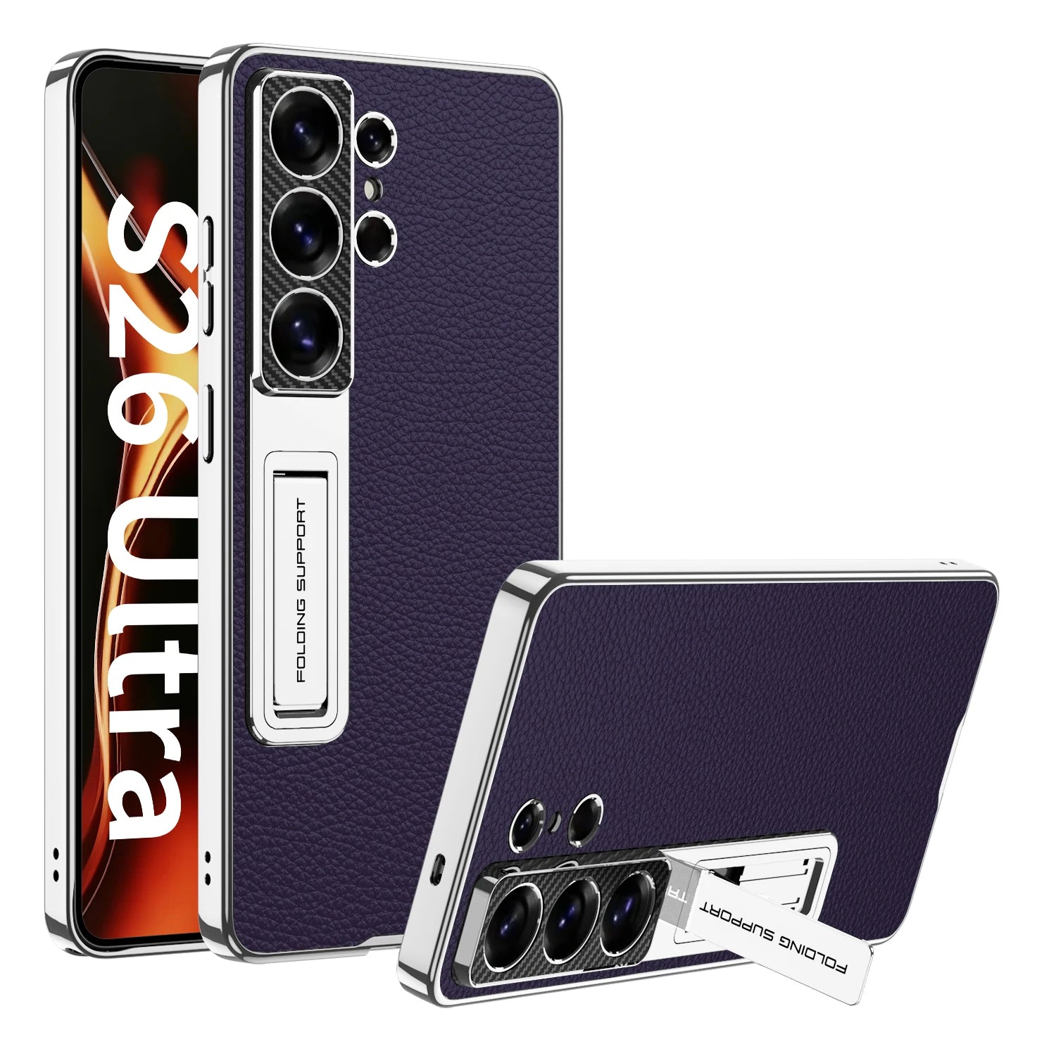 Samsung Galaxy S26 Ultra Ultra Thin Leather Case – Gold Border Folding Stand - Odin case