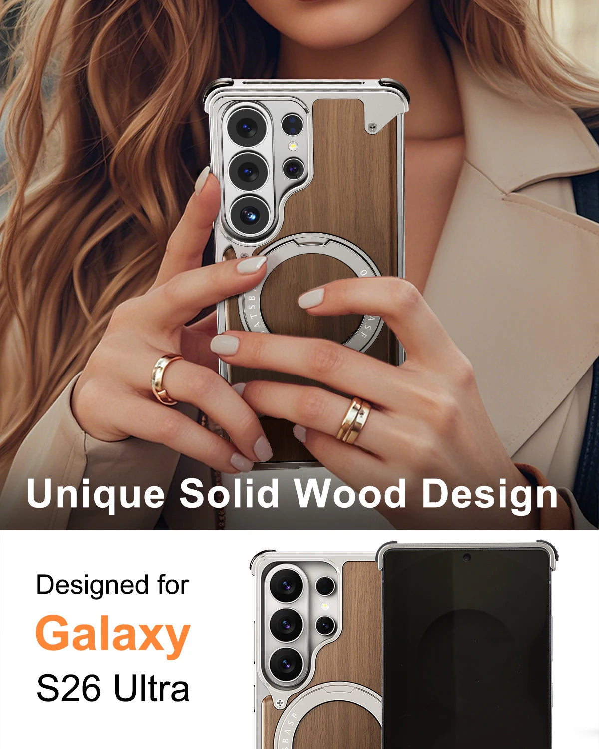 Samsung Galaxy S26 Ultra MagSafe Wood Case – 360° Ring Stand Cover