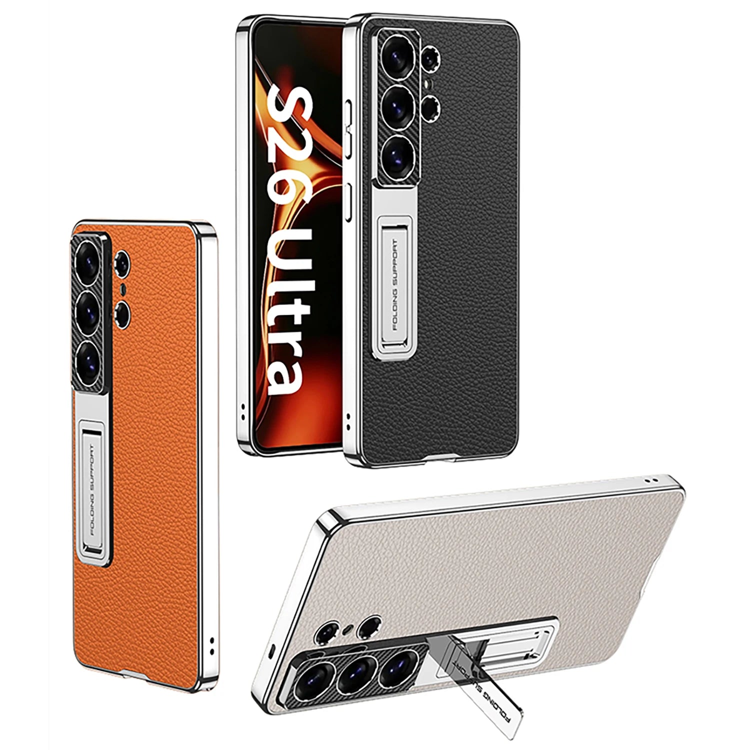 Samsung Galaxy S26 Ultra Ultra Thin Leather Case – Gold Border Folding Stand - Odin case