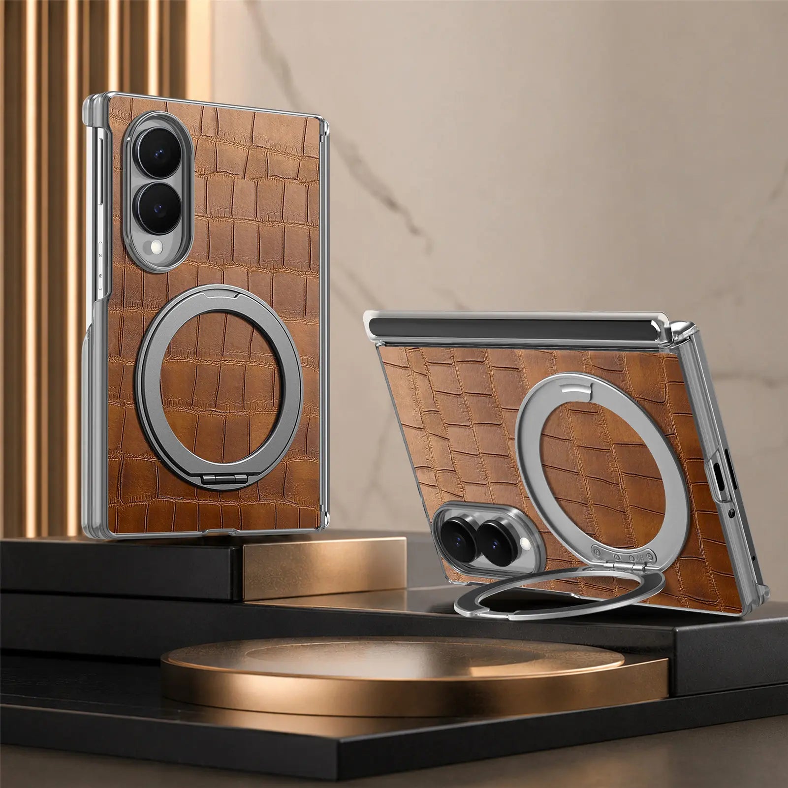 Samsung Galaxy Z Fold 8 Textured Leather Ring Stand Case