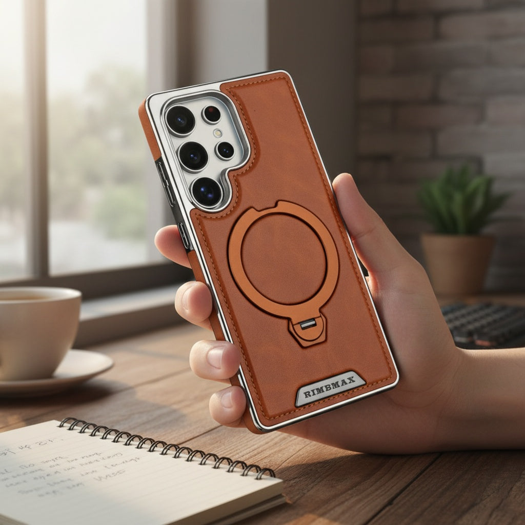 Samsung Galaxy S26 Ultra Leather Case – 360° Rotating Metal Stand Cover