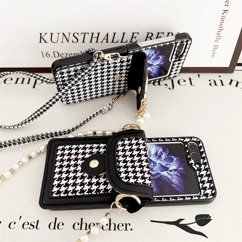 Luxury Houndstooth Case for Samsung Galaxy Z Flip 5 with Pearl PU Leather Strap
