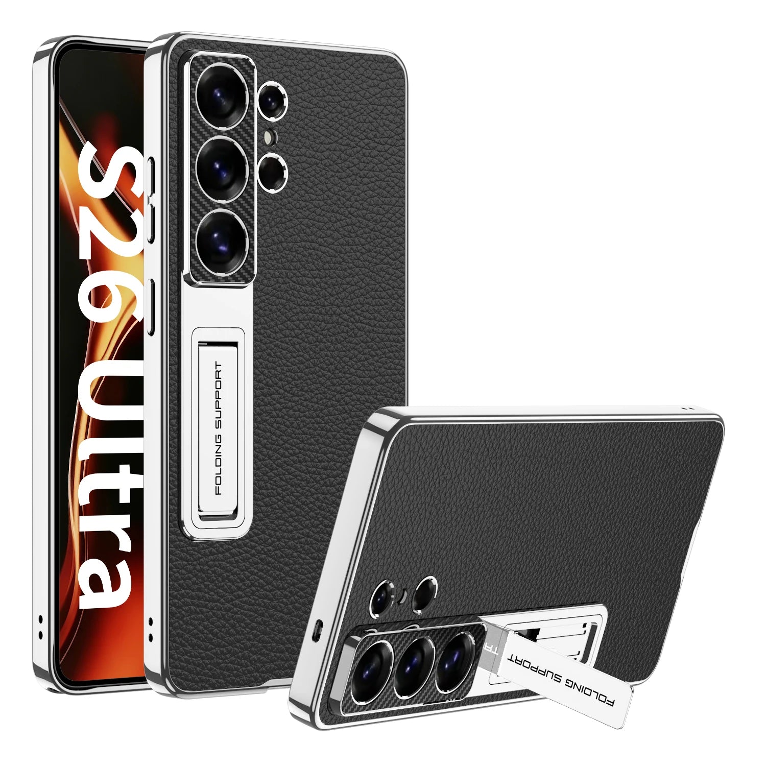 Samsung Galaxy S26 Ultra Ultra Thin Leather Case – Gold Border Folding Stand - Odin case