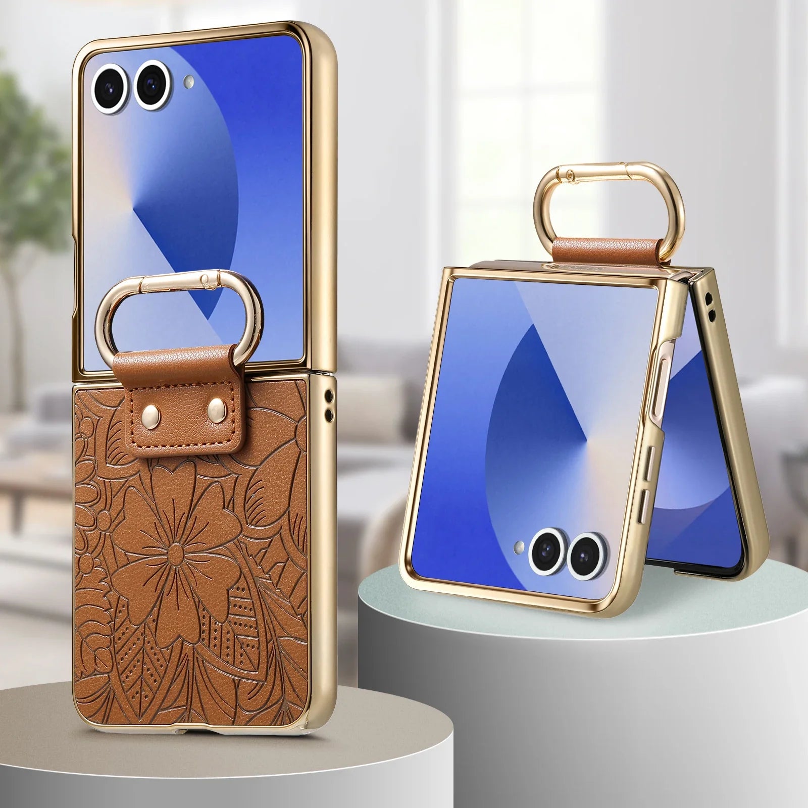 Samsung Galaxy Z Flip 8 Leather Floral Ring Holder Case