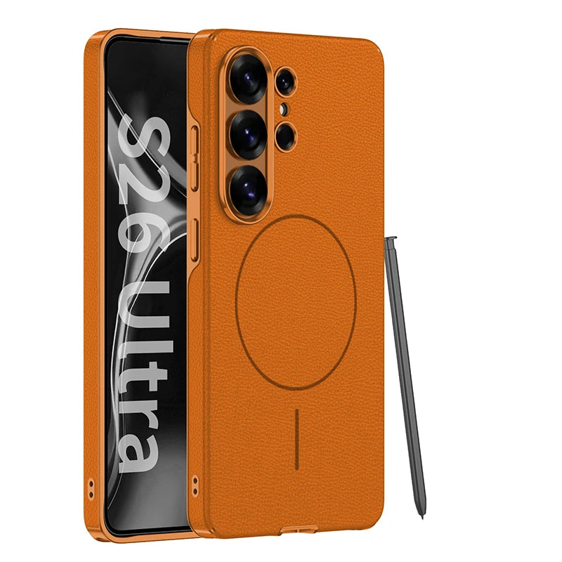 Samsung Galaxy S26 Ultra MagSafe Leather Case – Plated Lens Frame Cover