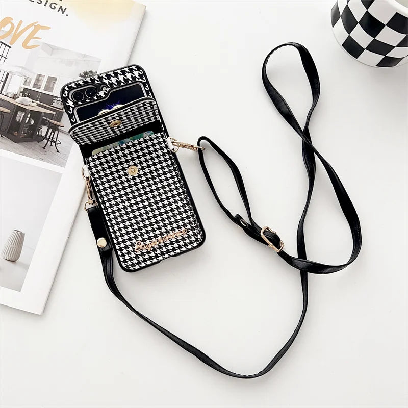 Luxury Houndstooth Case for Samsung Galaxy Z Flip 5 with Pearl PU Leather Strap