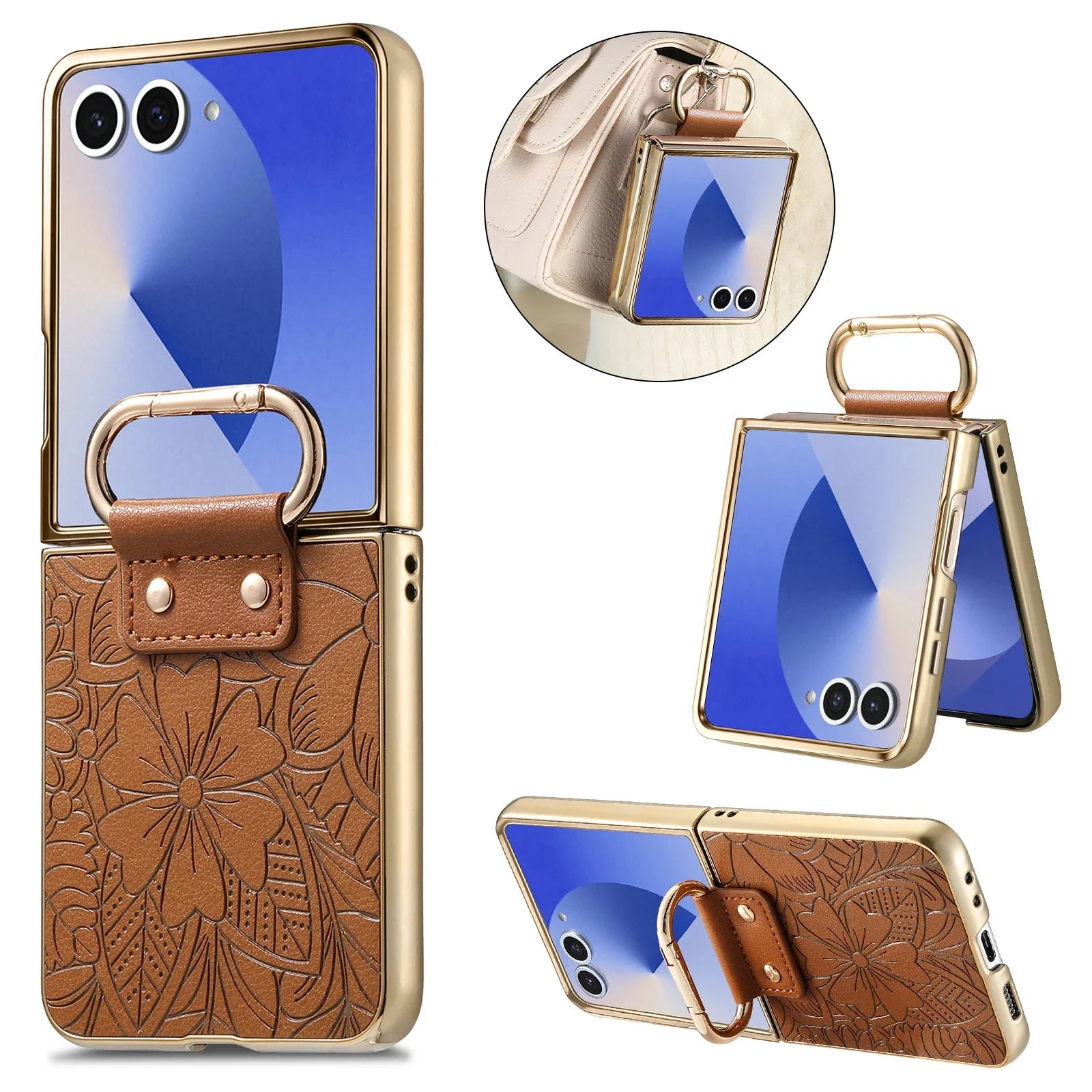 Samsung Galaxy Z Flip 8 Leather Floral Ring Holder Case