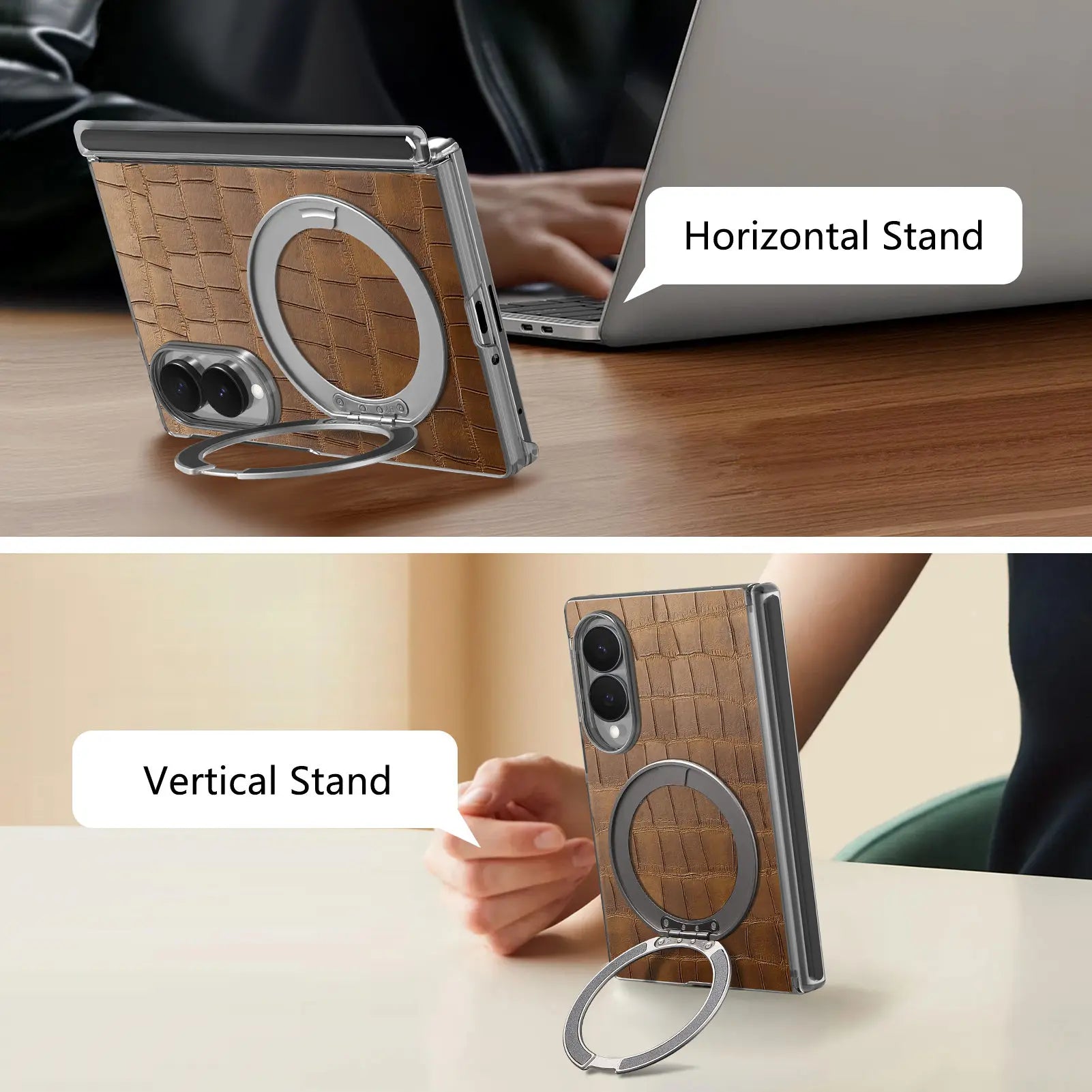 Samsung Galaxy Z Fold 8 Textured Leather Ring Stand Case
