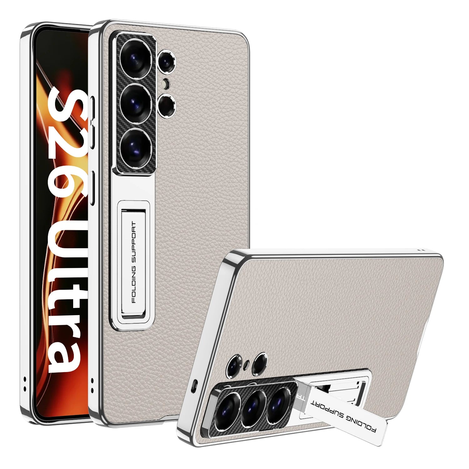 Samsung Galaxy S26 Ultra Ultra Thin Leather Case – Gold Border Folding Stand - Odin case