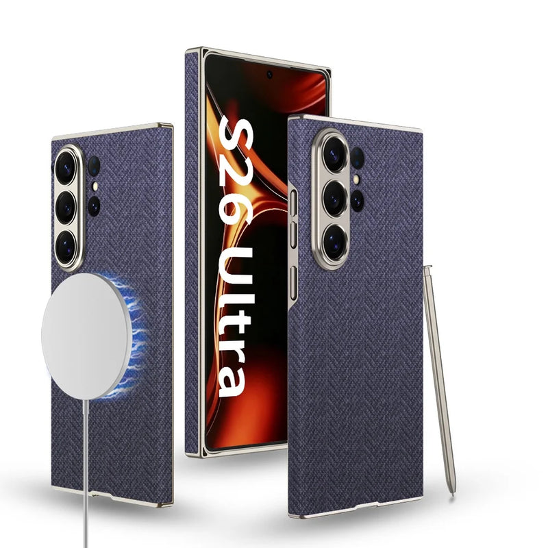 Samsung Galaxy S26 Ultra MagSafe Leather Matte Curved Armor Case Black Navy Blue Grey Brown