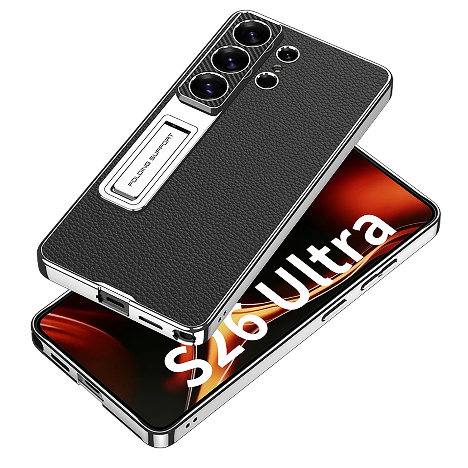 Samsung Galaxy S26 Ultra Ultra Thin Leather Case – Gold Border Folding Stand - Odin case