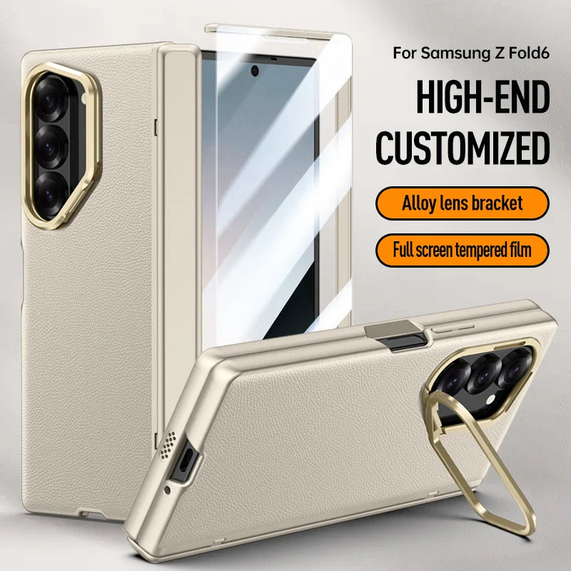 Luxury Leather with Bracket and Screen Protector Case for Samsung Z Fold 6