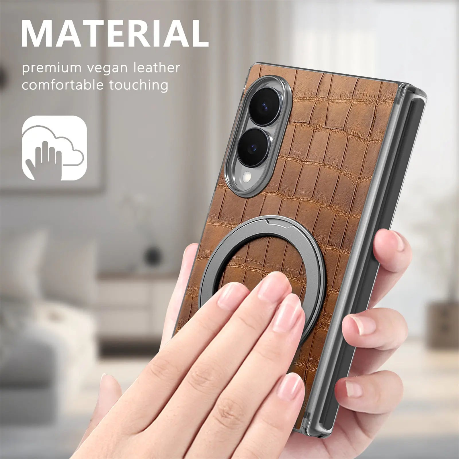 Samsung Galaxy Z Fold 8 Textured Leather Ring Stand Case