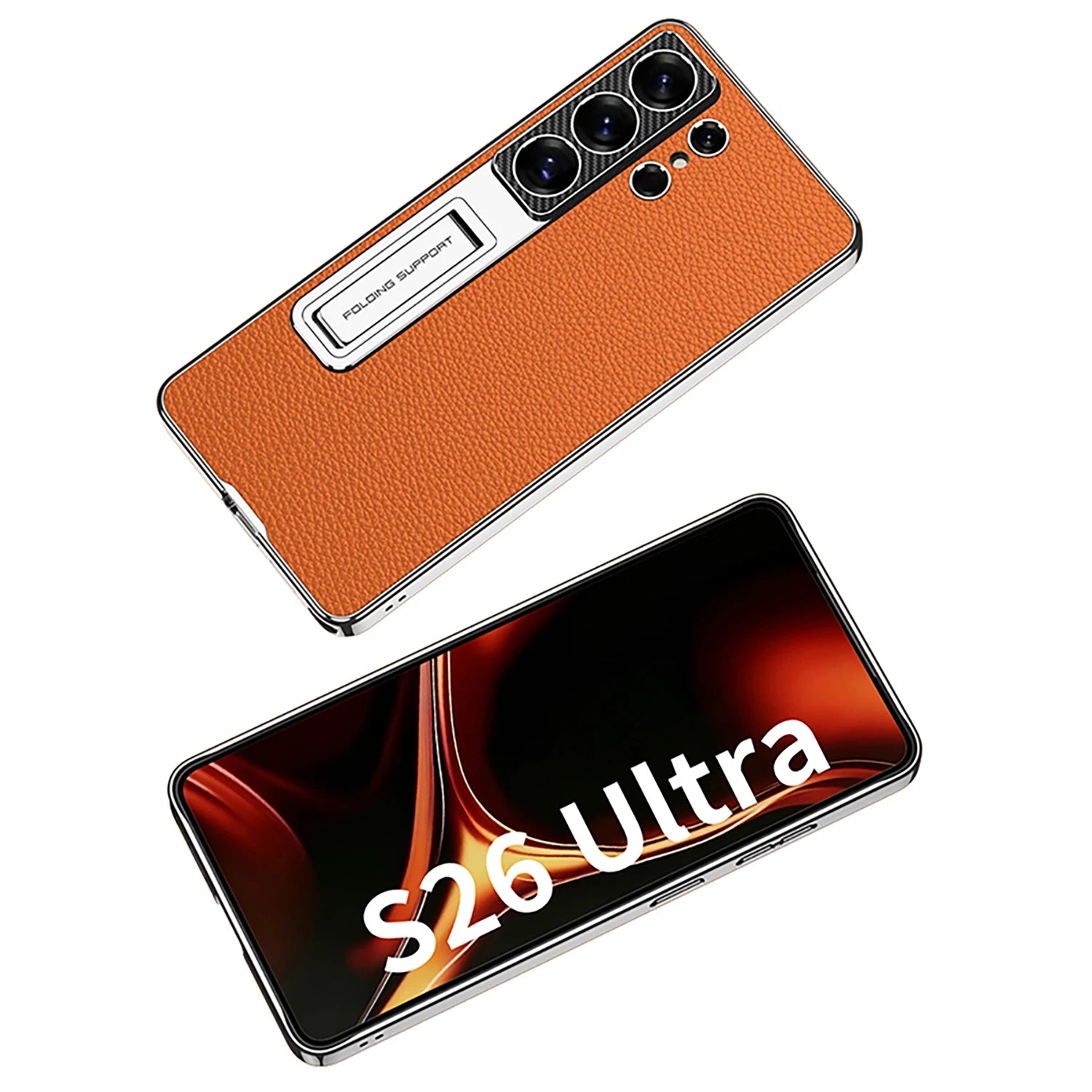 Samsung Galaxy S26 Ultra Ultra Thin Leather Case – Gold Border Folding Stand - Odin case