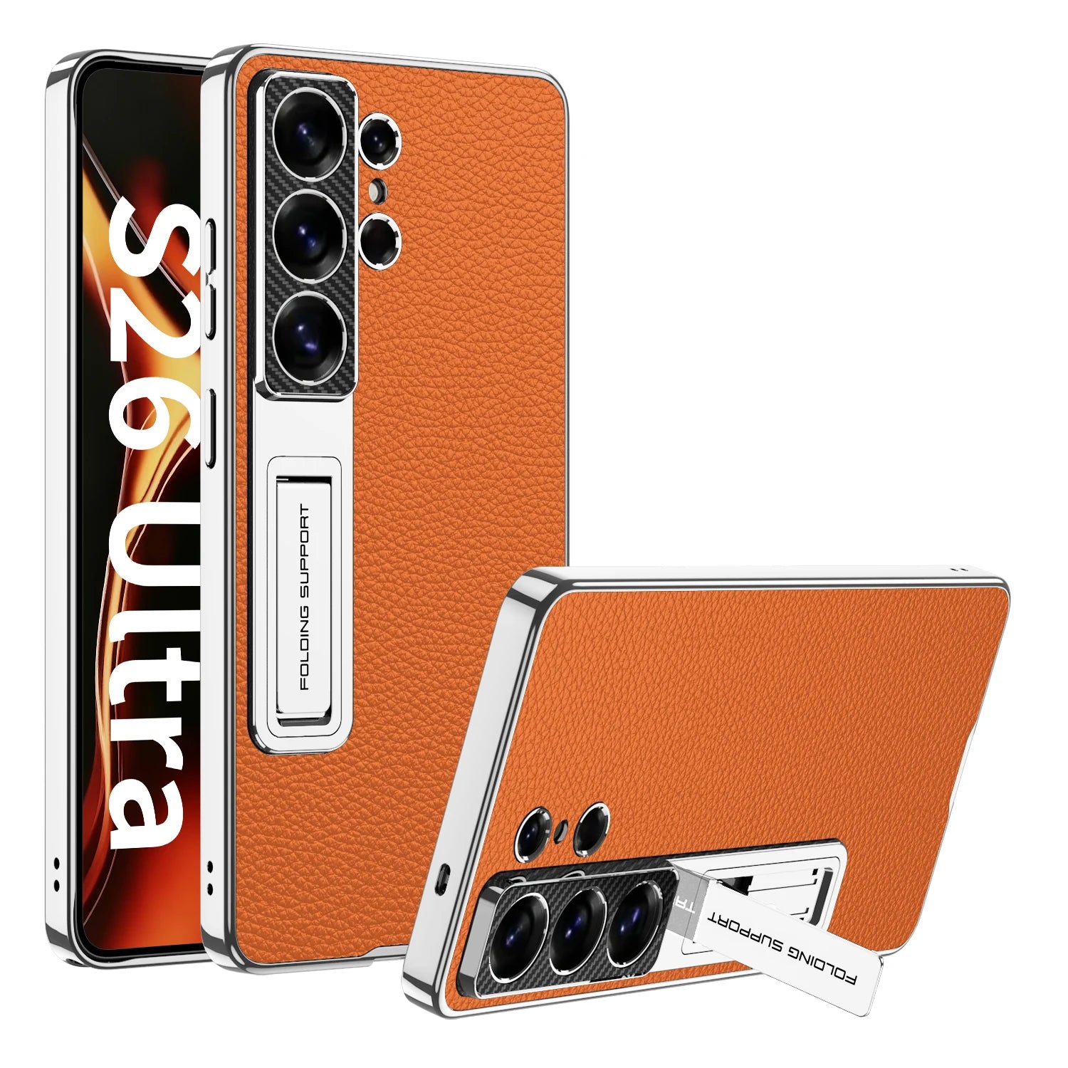 Samsung Galaxy S26 Ultra Ultra Thin Leather Case – Gold Border Folding Stand - Odin case