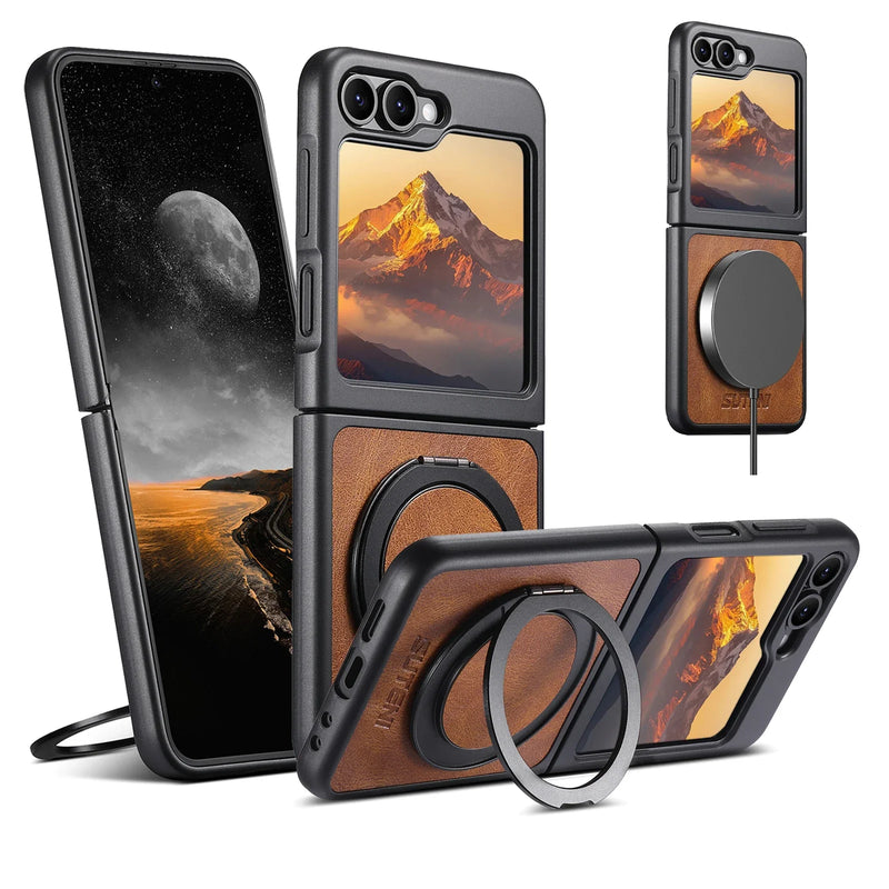 Leather MagSafe Ring Stand Case Galaxy Z Flip 6 Brown Black Blue