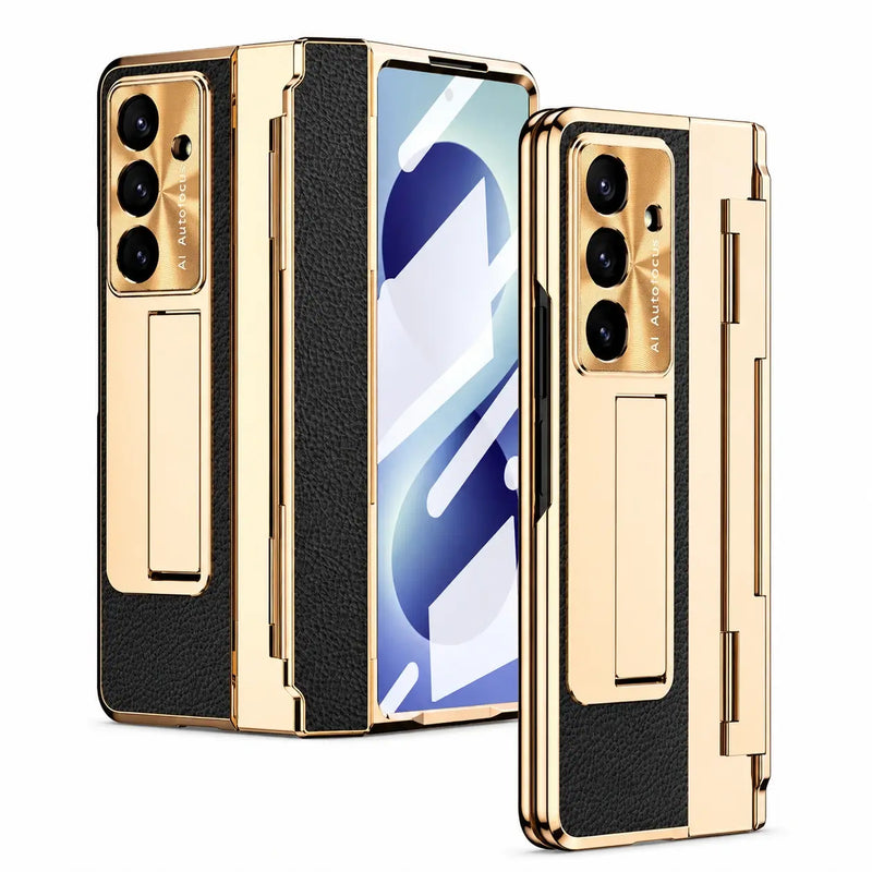 Luxury Leather Kickstand Case for Samsung Galaxy Z Fold 8 in Black Gold